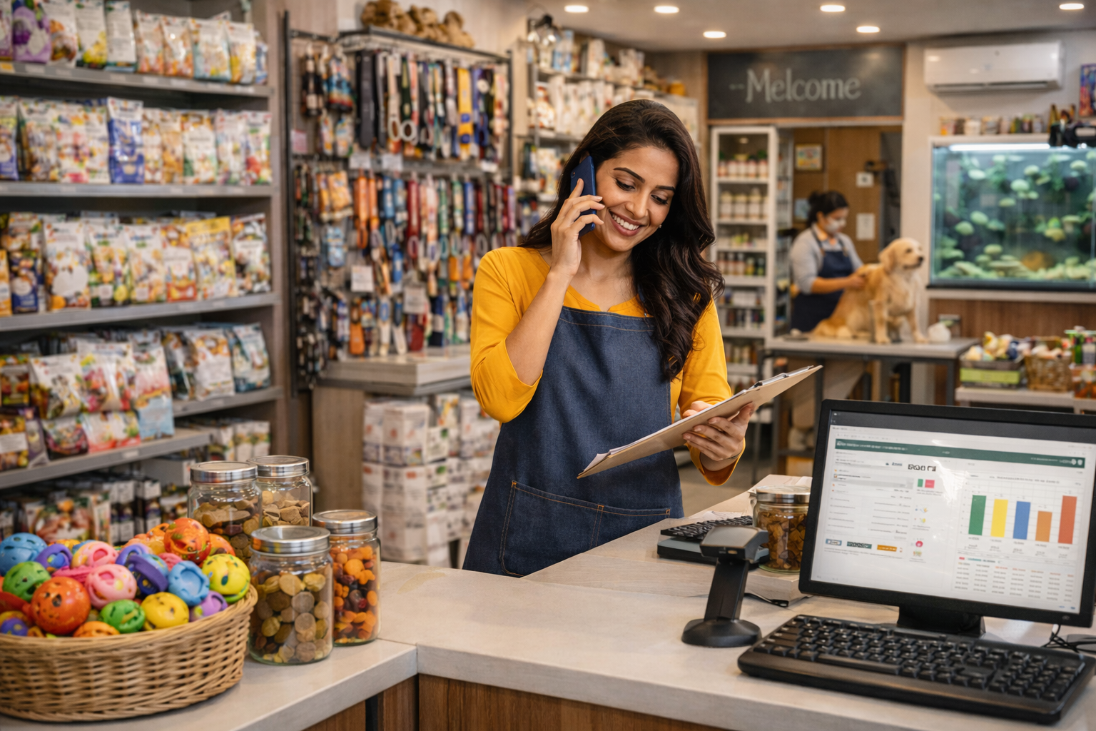 A women near the pet store billing desk